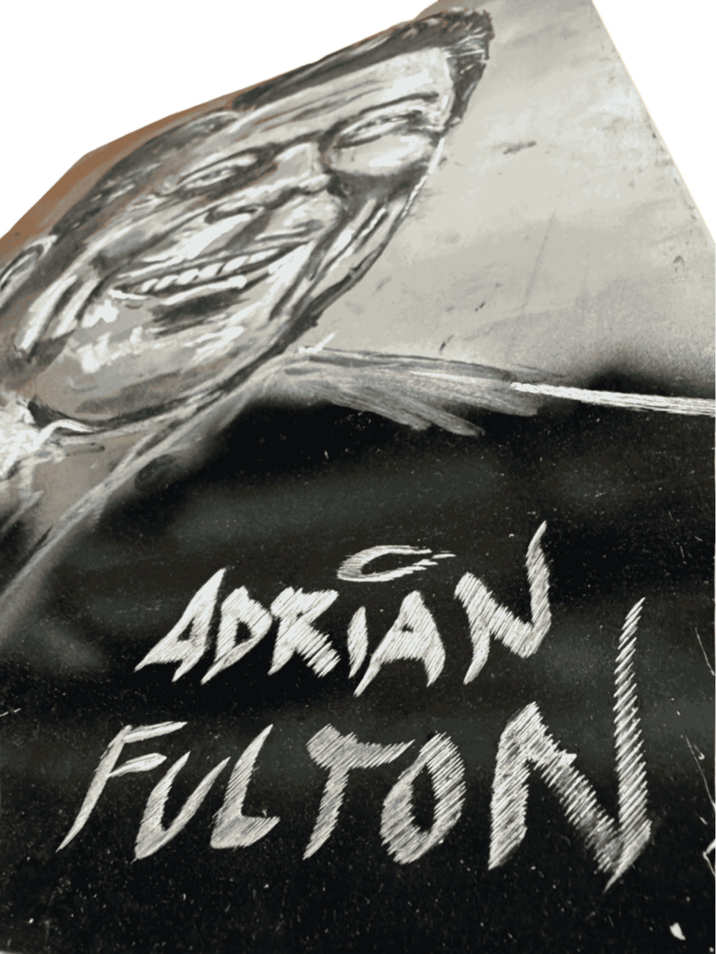 Close-up of Adrian Fulton artist signature engraved into the lower corner of the aluminum Ronald Reagan portrait.