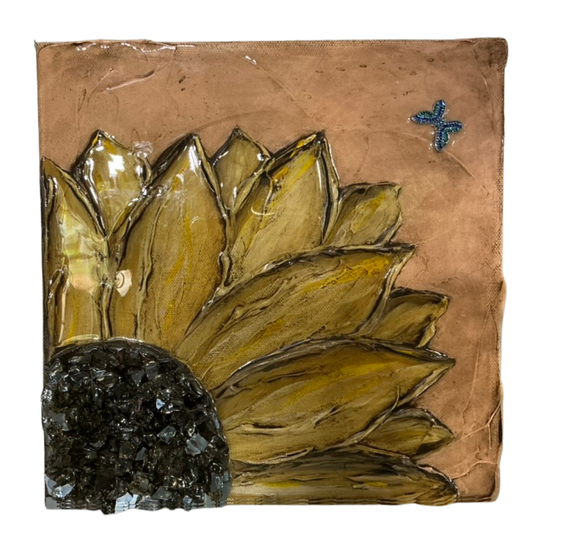 Front view of Obsidian Sunflower textured wall art with sculpted golden petals, black crystal-like center, glossy resin finish, and small blue butterfly accent.