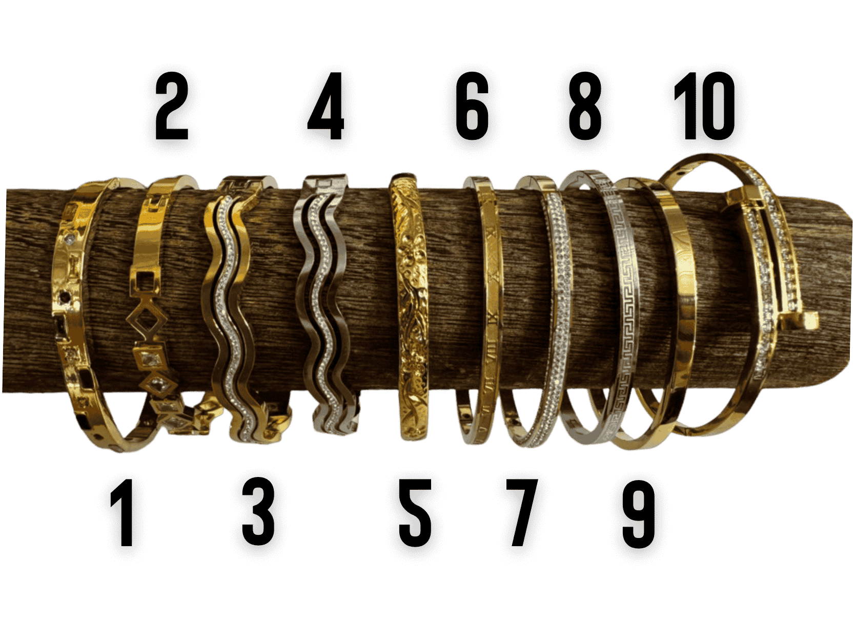 Gold tone bangle bracelet collection with crystal, Roman numeral, bamboo, and Greek key designs.