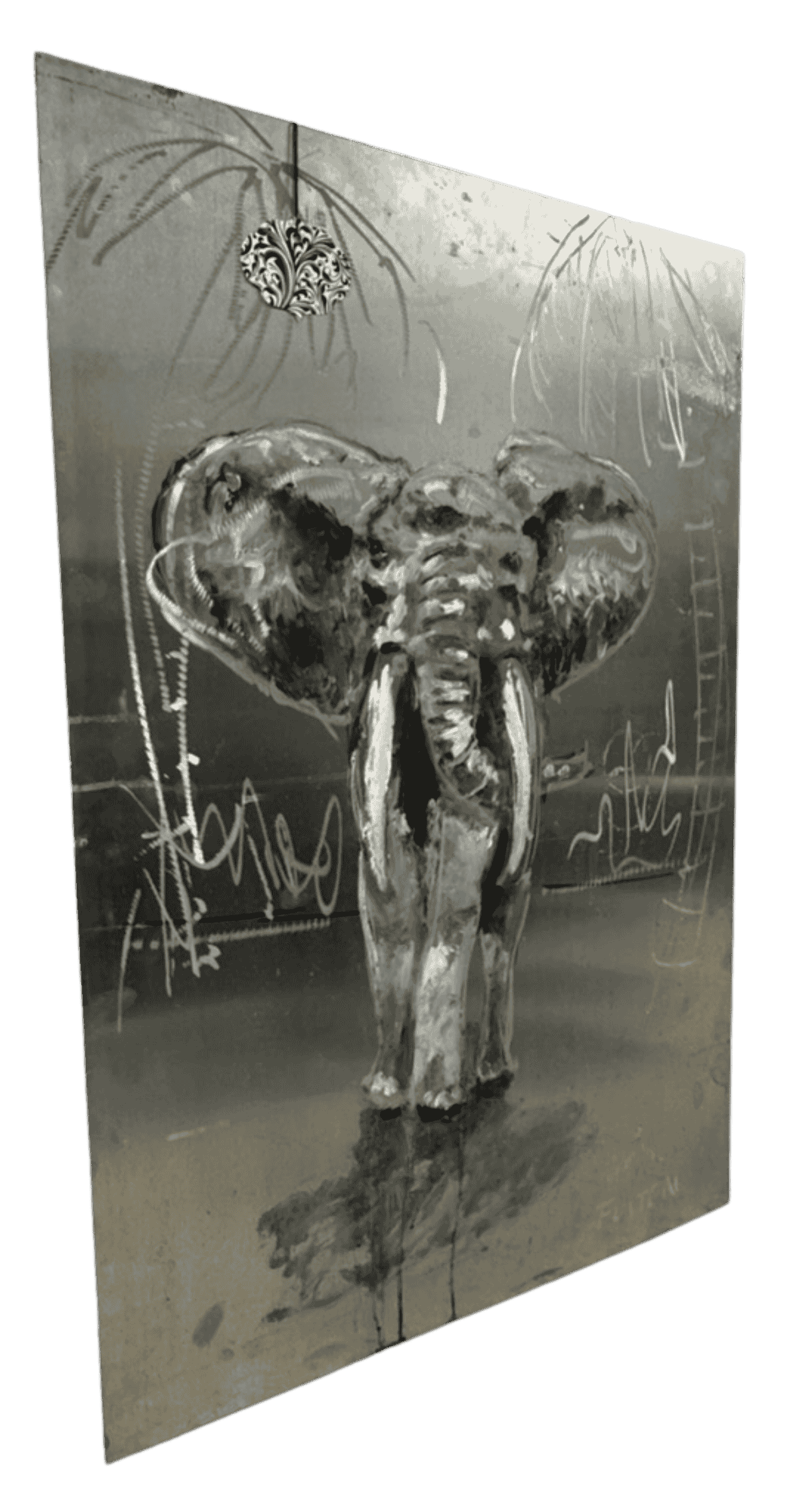 Angled view of Adrian Fulton elephant artwork showing engraved aluminum construction, metallic reflections, and dimensional line work.