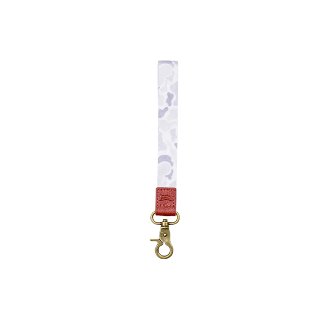 Scent South ice camo wrist lanyard with leather logo and metal clasp, durable wrist strap for keys and badges