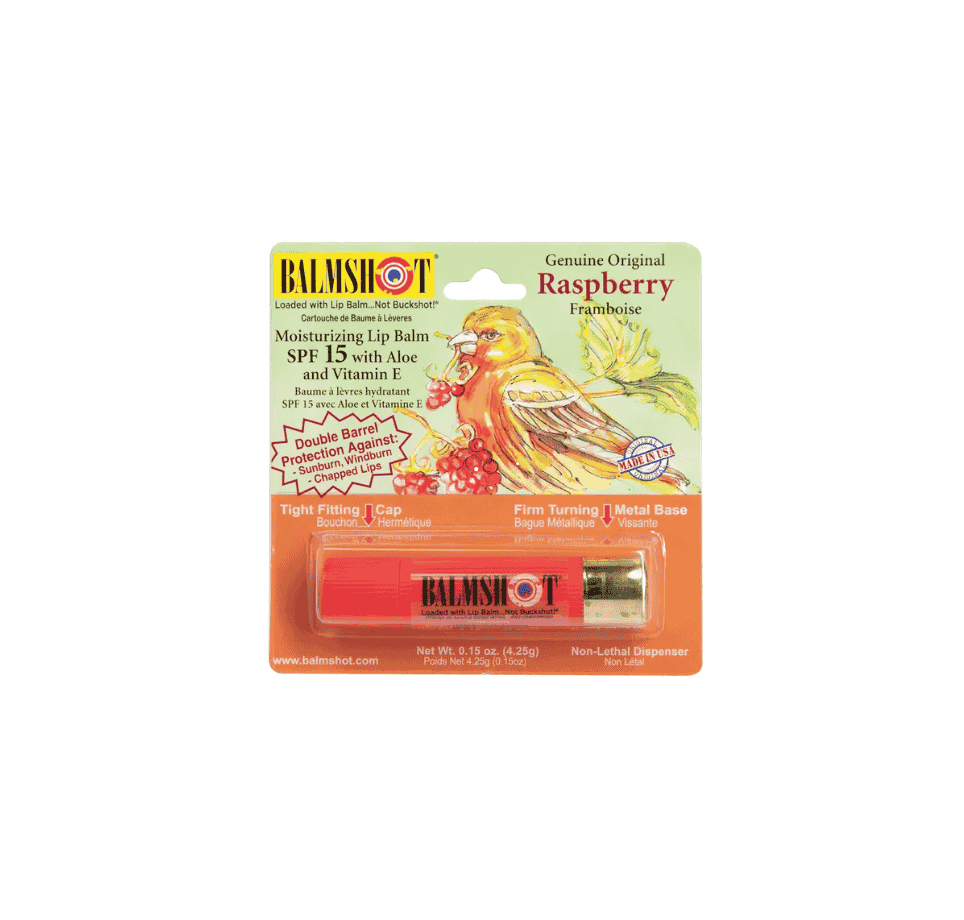 balmshot raspberry lip balm in red shotgun shell tube packaging with bird illustration and spf 15 label