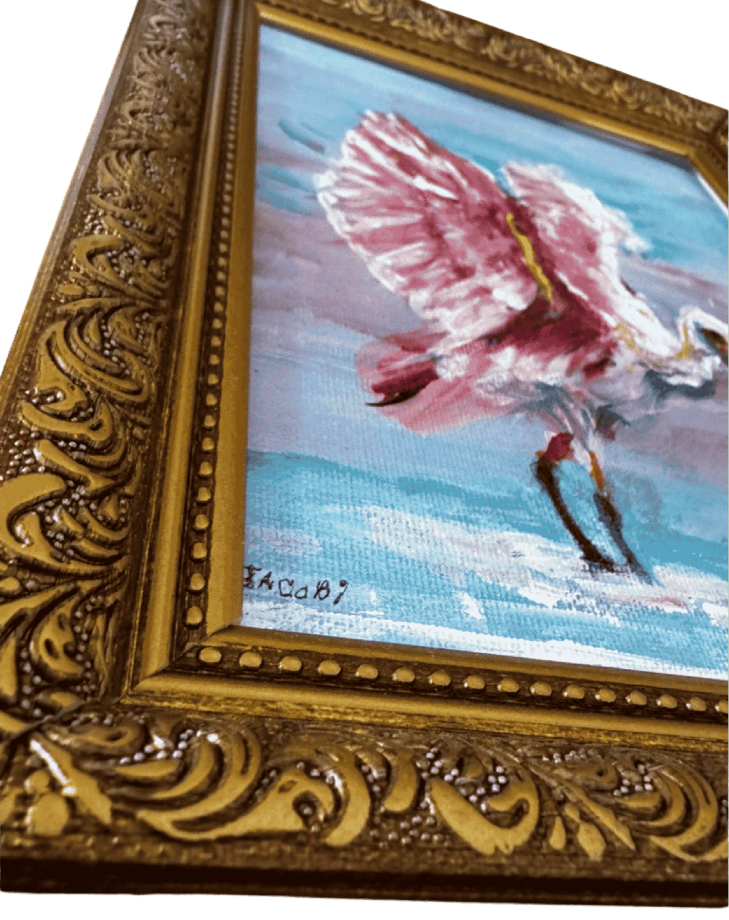 Framed roseate spoonbill coastal bird painting by P. Jacobi featuring soft Gulf Coast sky tones and pink wings.