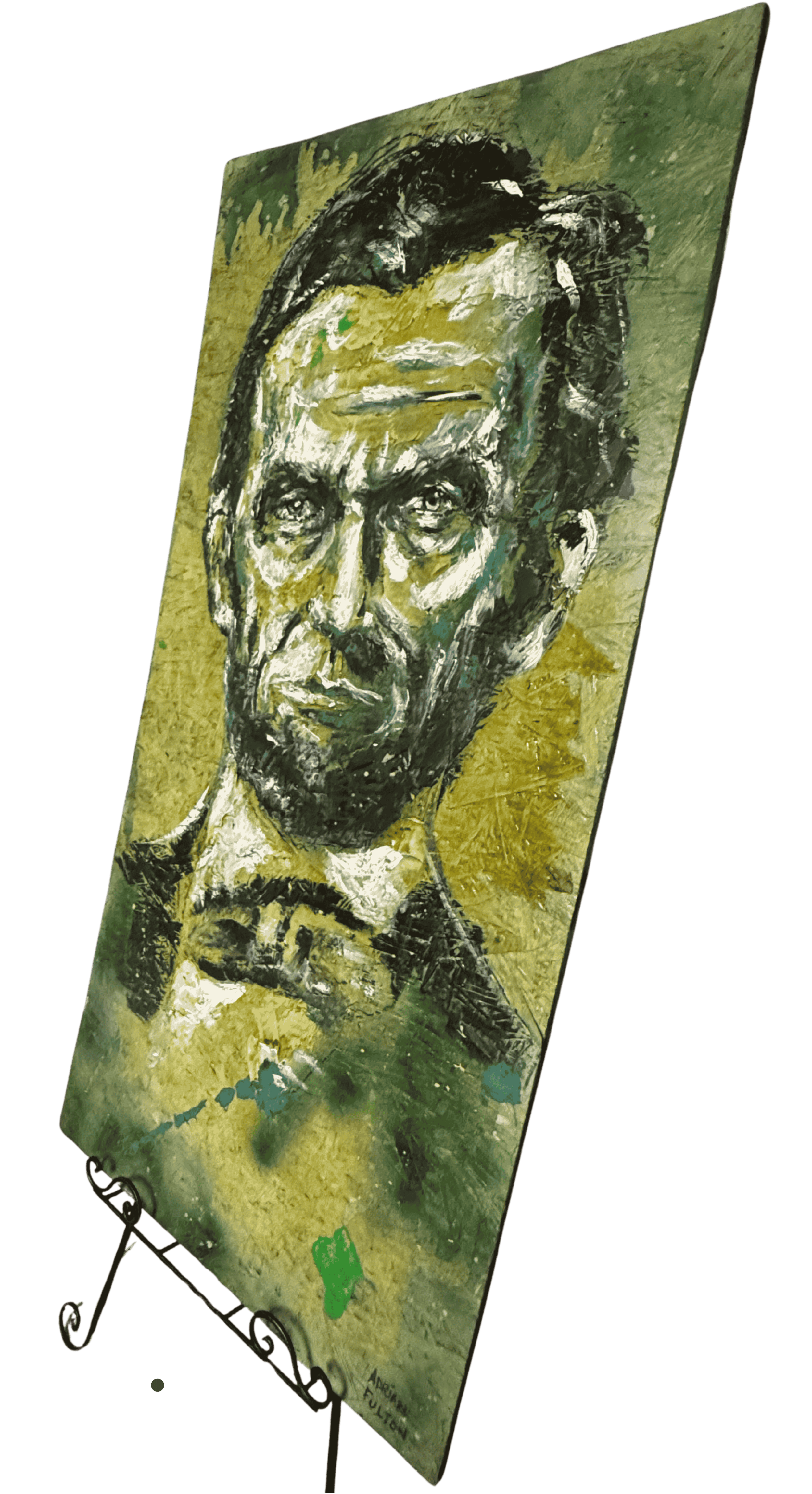 Angled view of Adrian Fulton Abraham Lincoln artwork showcasing dimensional texture, layered paint application, and handcrafted mixed media details.