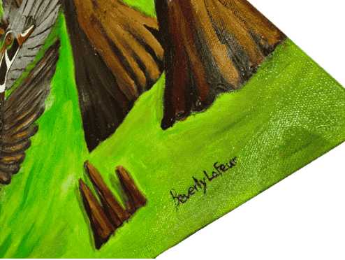 Original acrylic painting by South Louisiana artist Beverly LaFleur showing a mallard duck flying through a cypress swamp with green water and cypress trees.