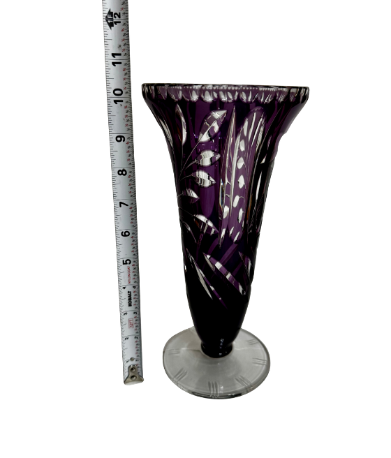 Bohemian amethyst cut-to-clear vase beside a tape measure showing a height of approximately 10¼ inches