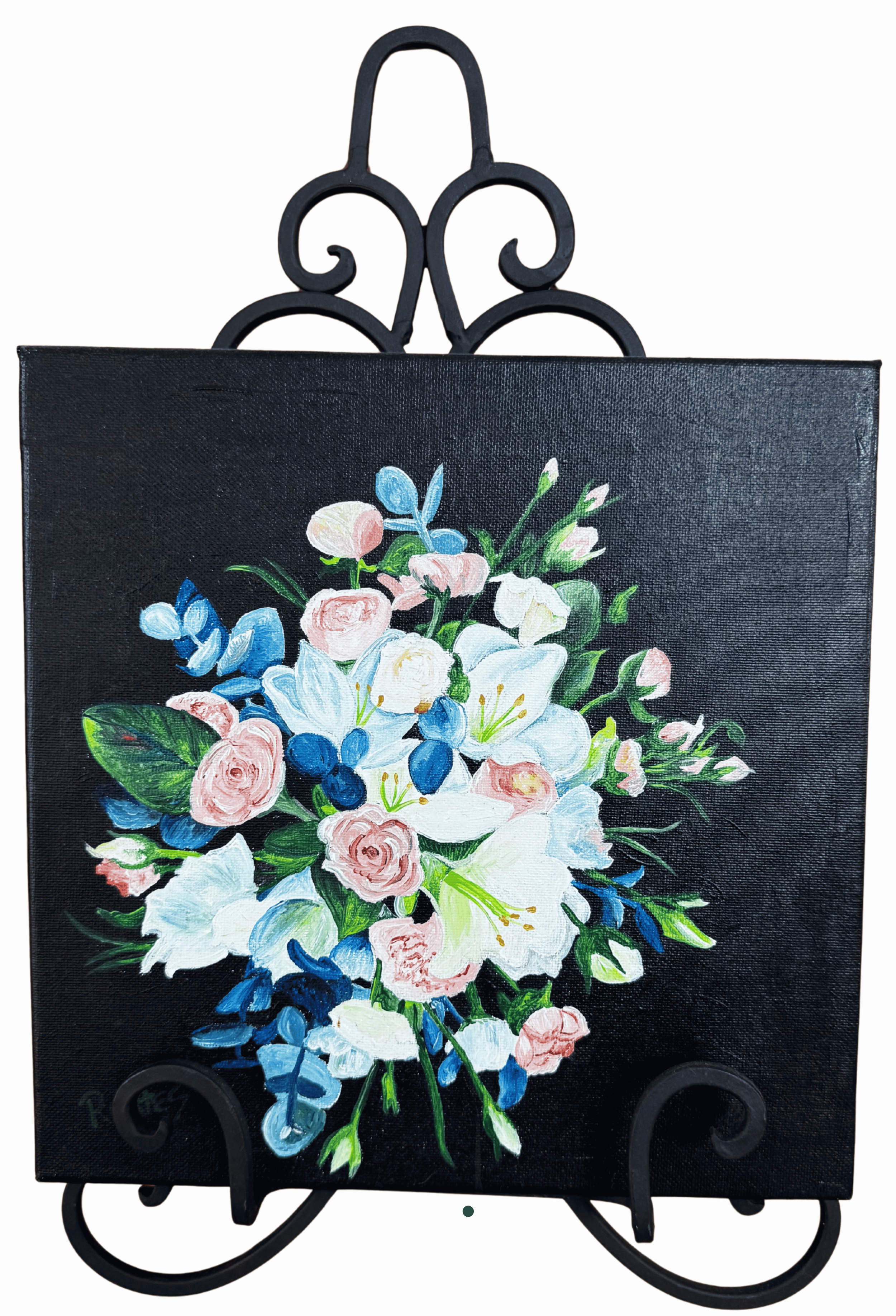 Original floral bouquet painting by R. Gates featuring white lilies, blush roses, blue botanical accents, and a black background.