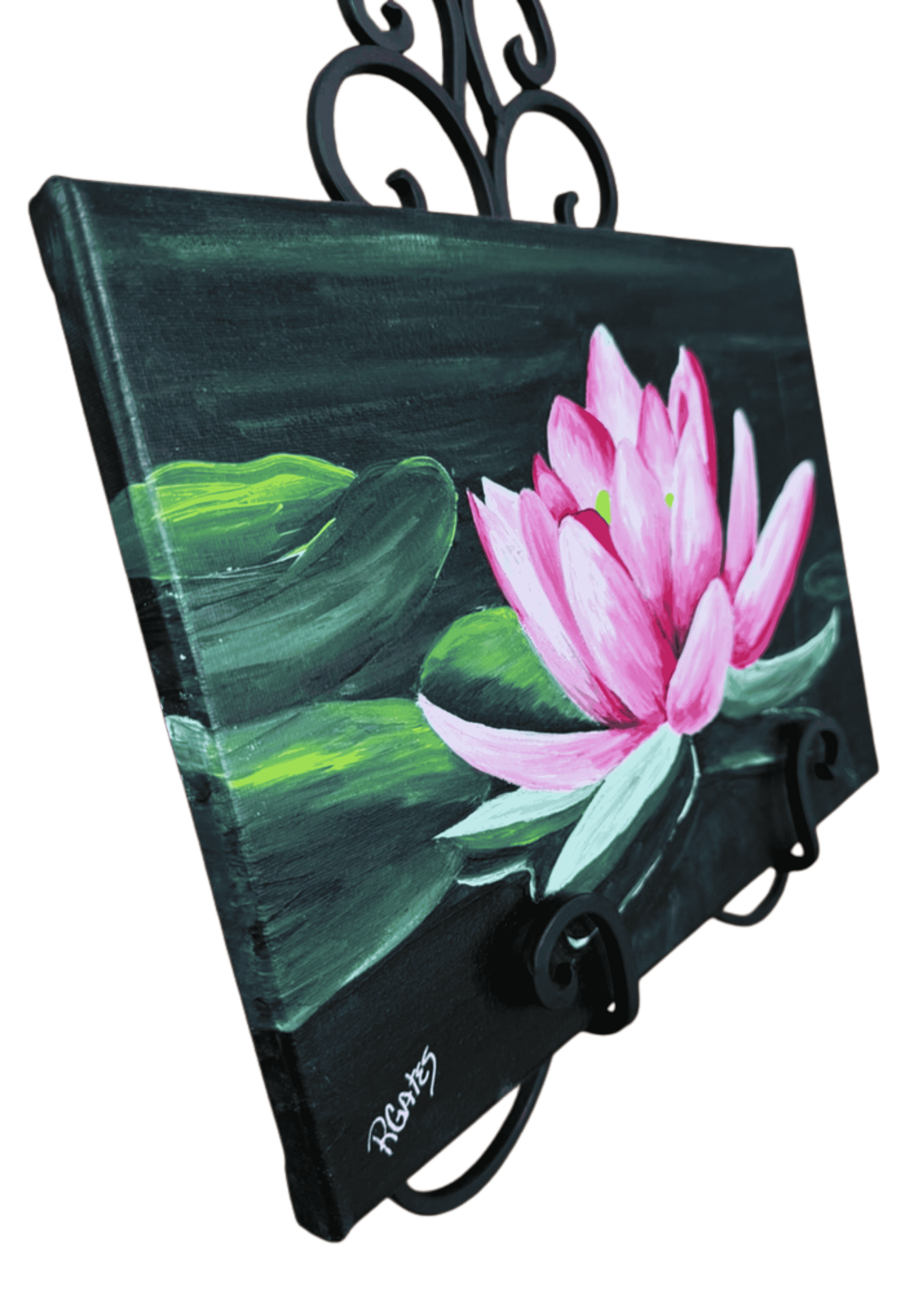 Angled view of original lotus painting by R. Gates highlighting layered pink petals, green lily pads, and reflective water details.