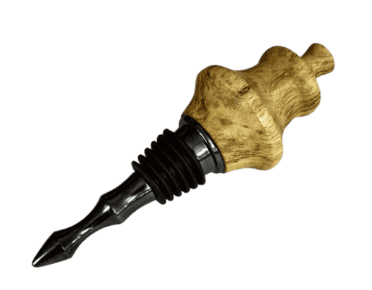Spalted tamarind hand-turned bottle stopper by J. Baker Louisiana featuring golden tropical hardwood with dramatic natural spalting and stainless stopper.
