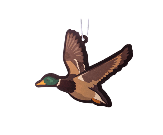 Mallard Scent South air freshener with flying duck design in green and brown, Black Ice scent, clean masculine fragrance for truck or hunting gear