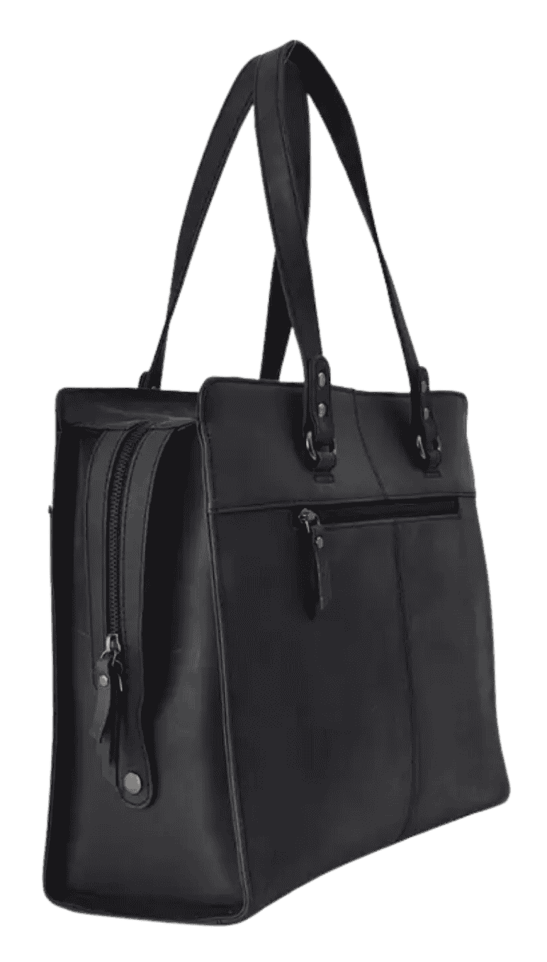 Side view of black leather Arrigo laptop tote showing structured shape and zipper pocket.