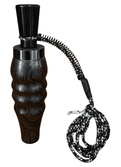 Hand-turned Bocote wood single reed duck call with ribbed barrel and braided lanyard handcrafted by Louisiana call maker J. Baker.