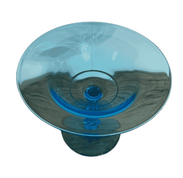 Top view of vintage aqua blue glass compote showing wide shallow bowl and rolled rim.