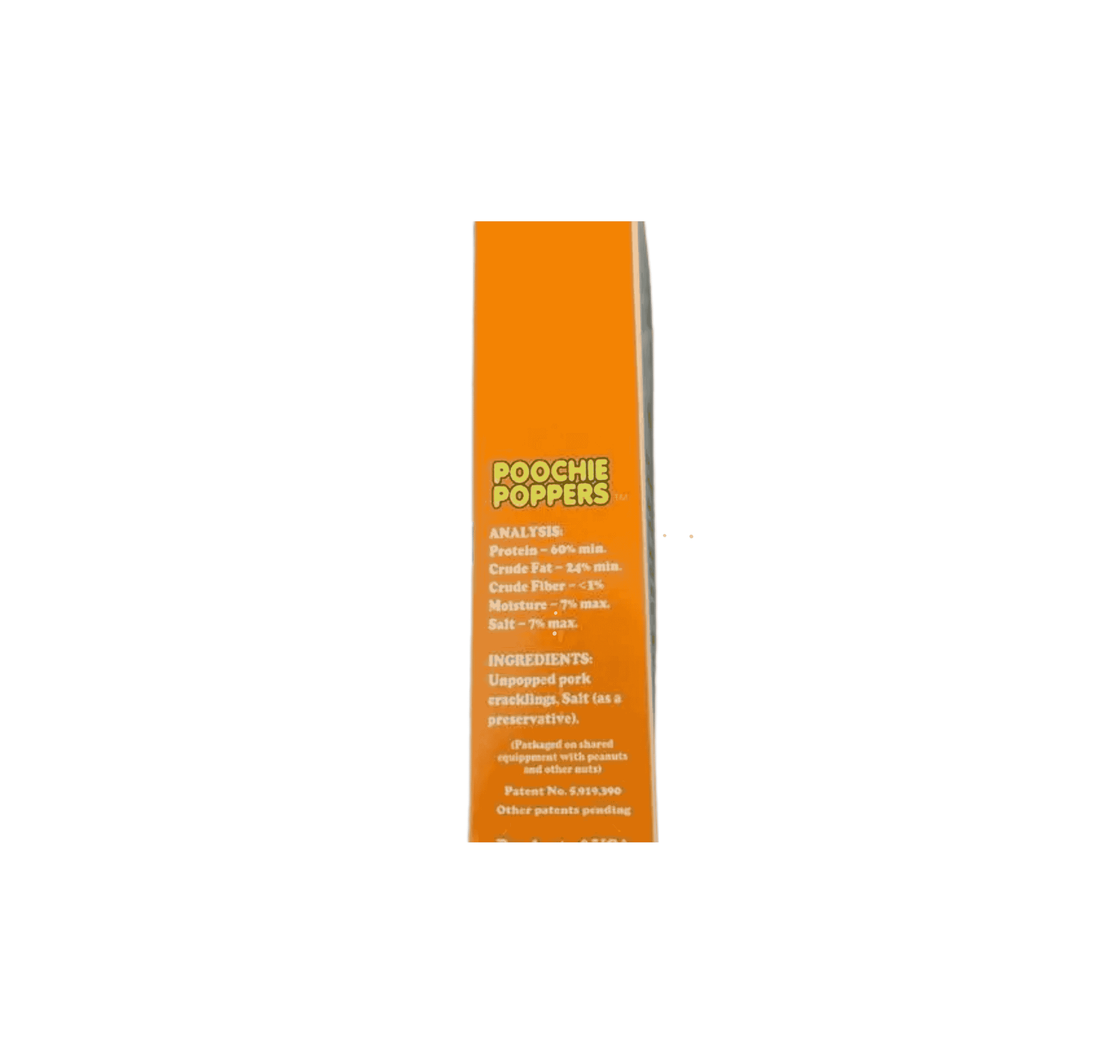 poochie poppers dog treats packaging side panel showing ingredient list nutritional analysis and protein fat fiber details