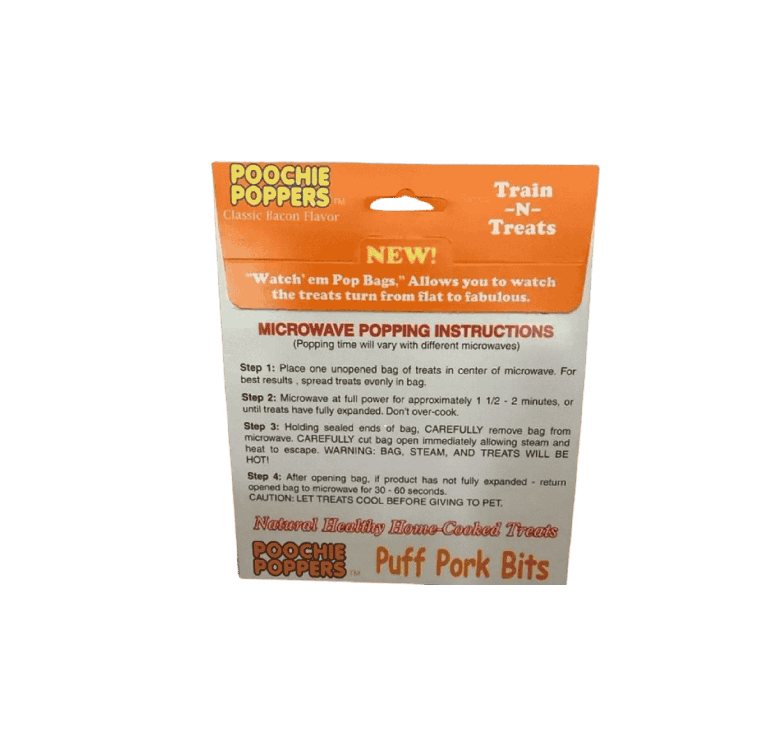 poochie poppers dog treats box with bacon flavor label and microwave pop instructions