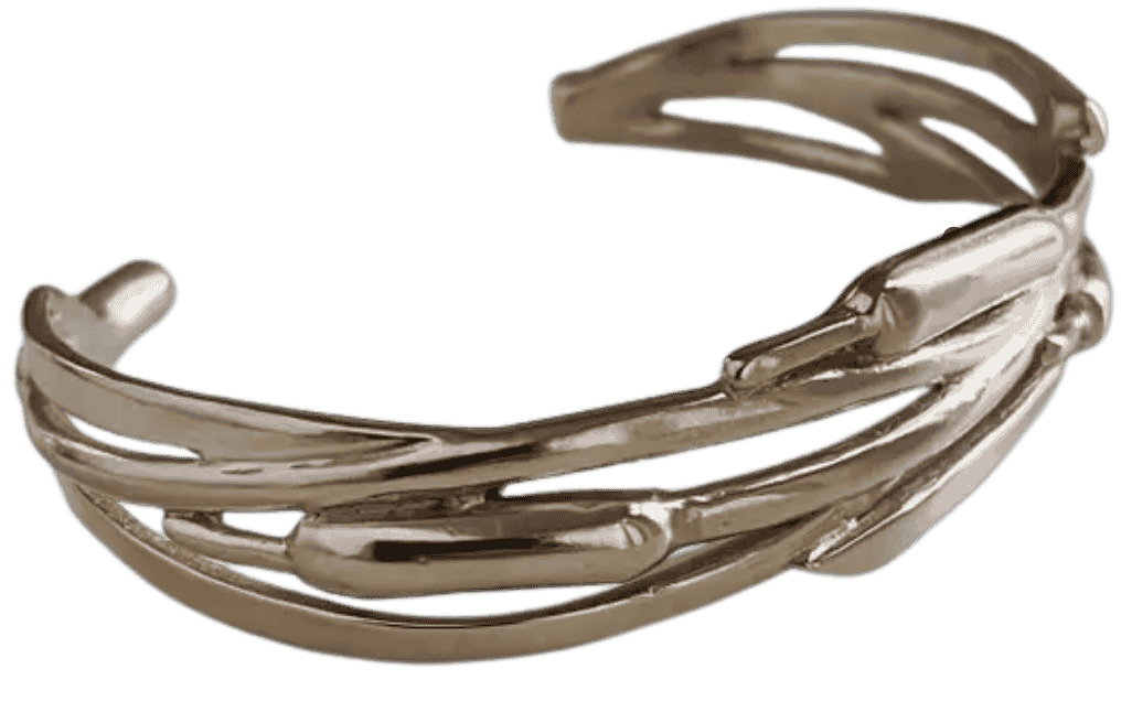 Handcrafted cattail cuff bracelet by MIMOSA showing sculpted cattail plant design.