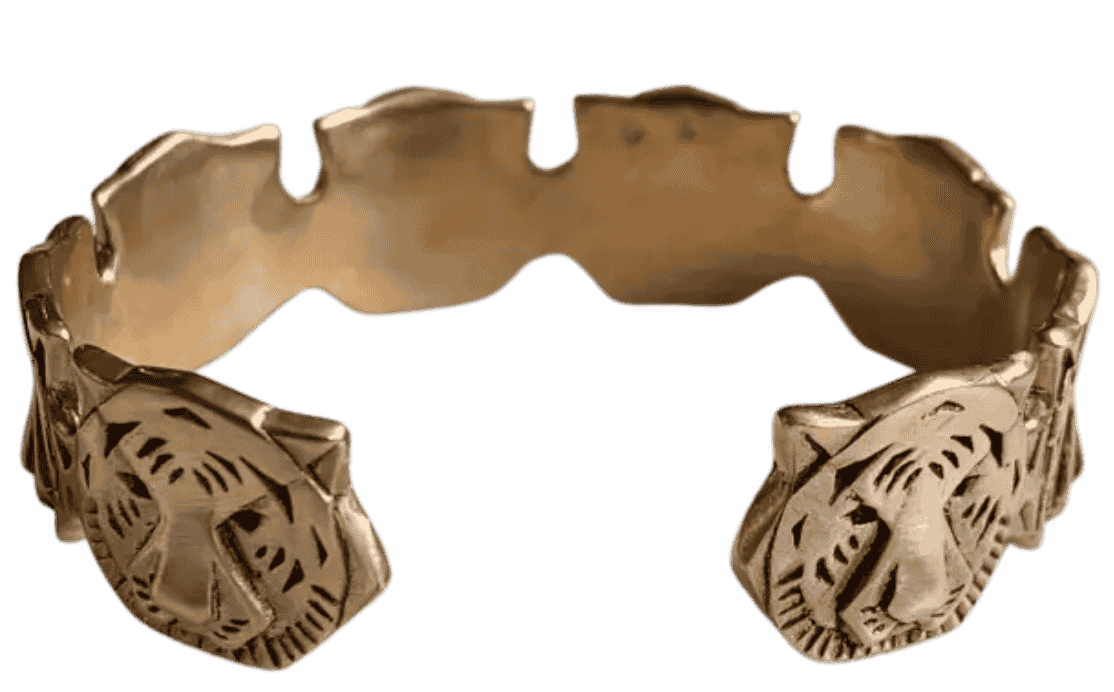 MIMOSA handcrafted tiger cuff bracelet featuring sculpted tiger faces in solid cast metal.