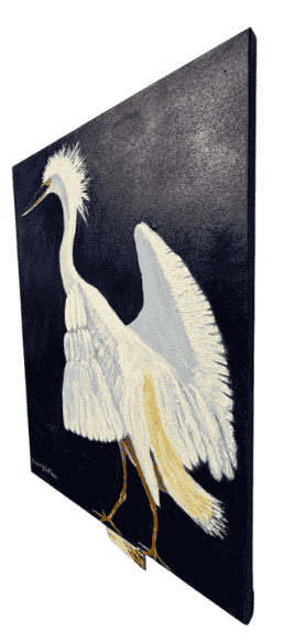Original acrylic painting by South Louisiana artist Beverly LaFleur showing a white egret with wings raised against a deep blue background.