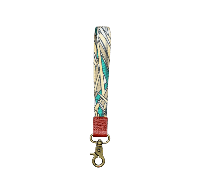 Scent South Shadowgrass camo wrist lanyard with leather logo patch and metal clasp, compact key holder for hunting and everyday use