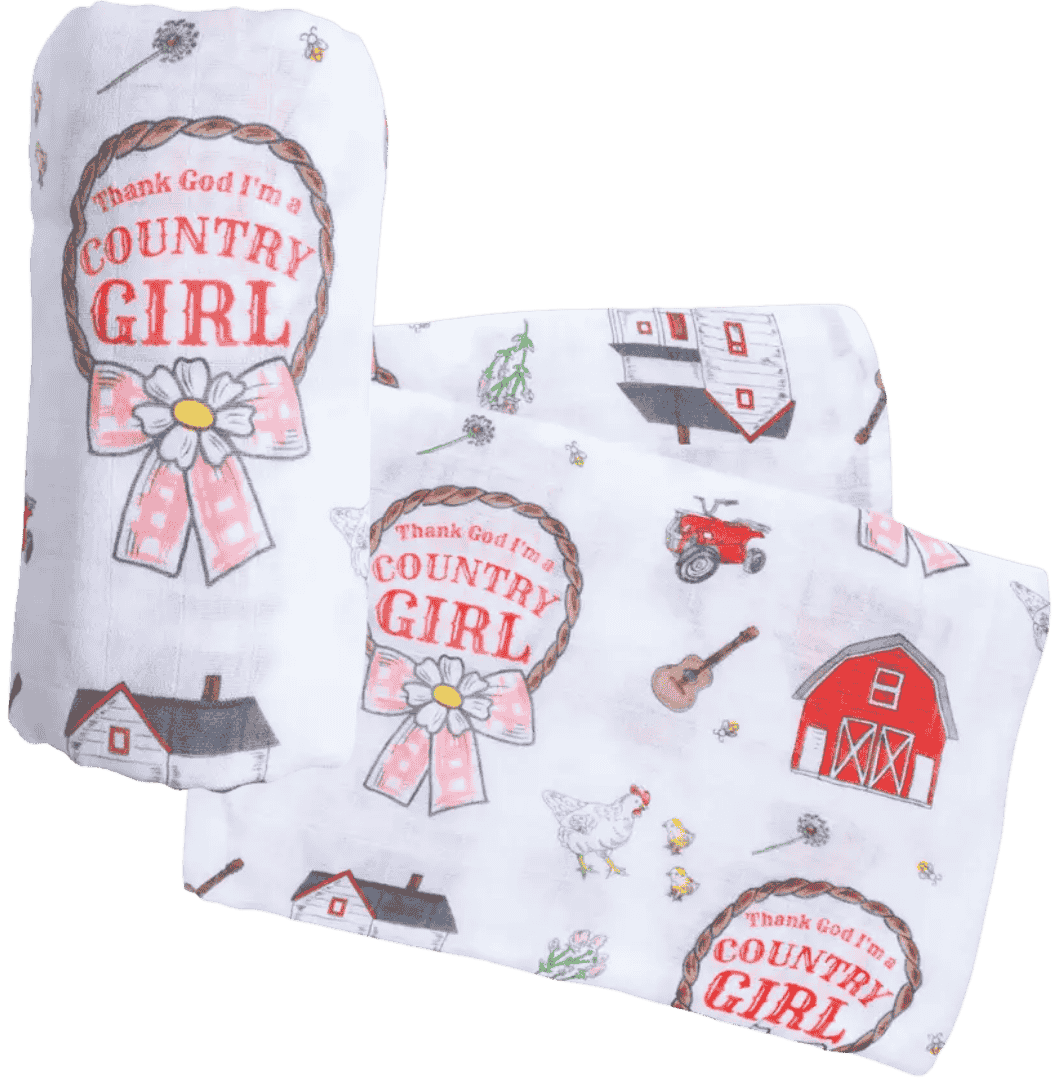 Little Hometown Country Girl bamboo muslin baby swaddle blanket with farmhouse, bow, and country themed baby girl design.