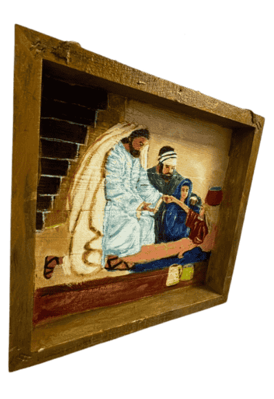Original acrylic shadow box painting by South Louisiana artist Beverly LaFleur showing Jesus healing a sick person with figures gathered in a biblical scene.