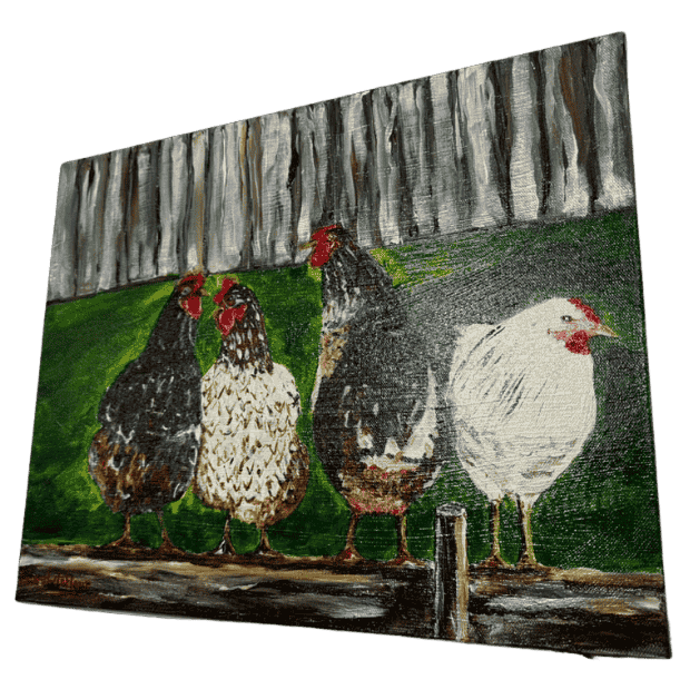 Original acrylic painting by South Louisiana artist Beverly LaFleur showing four chickens perched on a wooden rail against a grassy yard and fence.