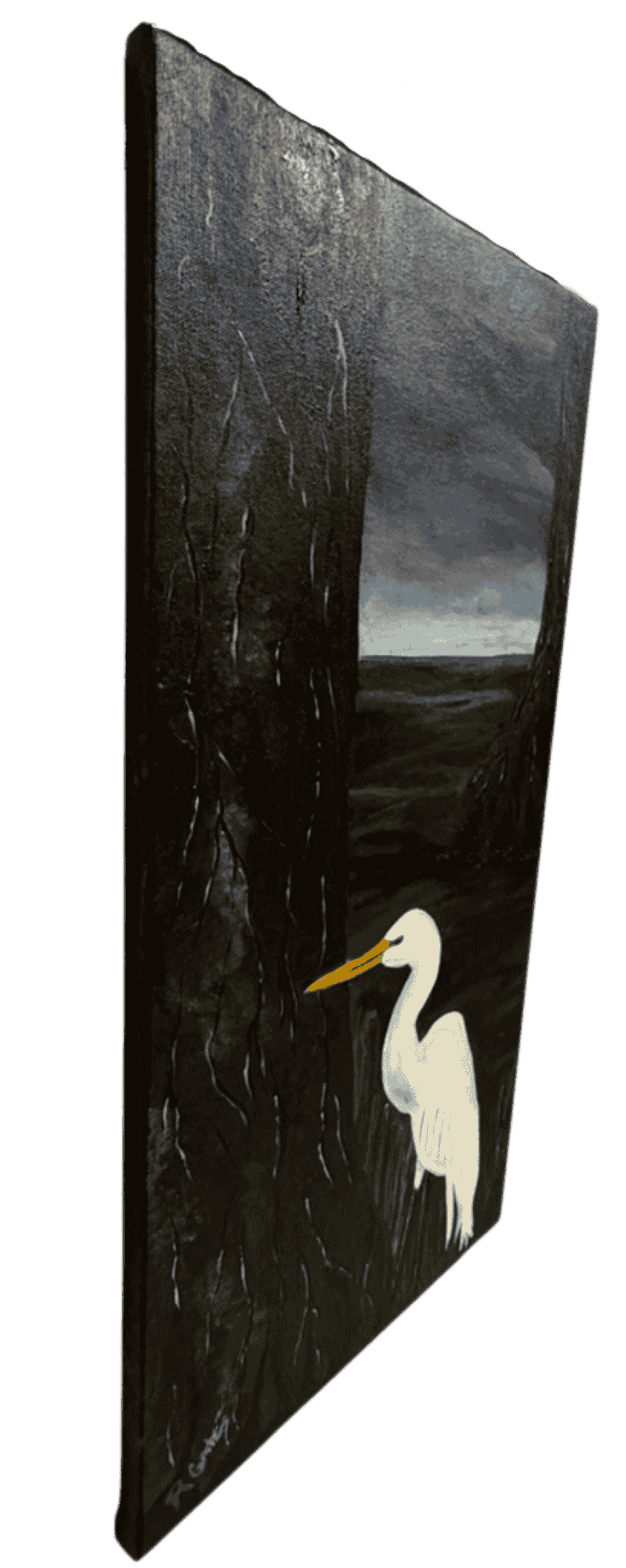 Side view of original acrylic painting by R. Gates showing a white egret in a dark Louisiana bayou landscape at night.