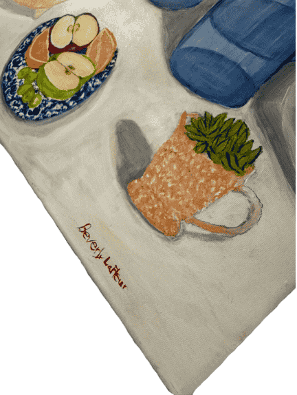 Original acrylic painting by South Louisiana artist Beverly LaFleur showing a fruit still life with apples, bananas, grapes, blue mason jars, and small kitchen items on a table.