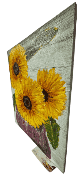 Original acrylic painting by South Louisiana artist Beverly LaFleur showing bright yellow sunflowers in a vase painted on reclaimed wood boards.