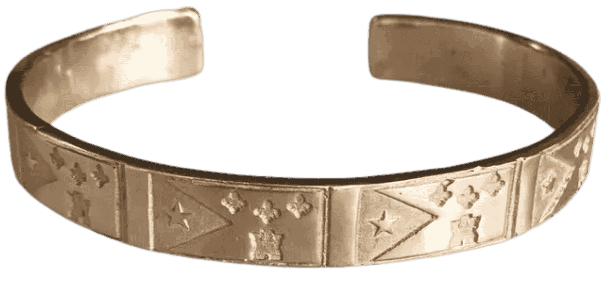 Close-up of Acadiana cuff bracelet showing detailed engraving of the Louisiana outline and Acadiana-inspired decorative elements.
