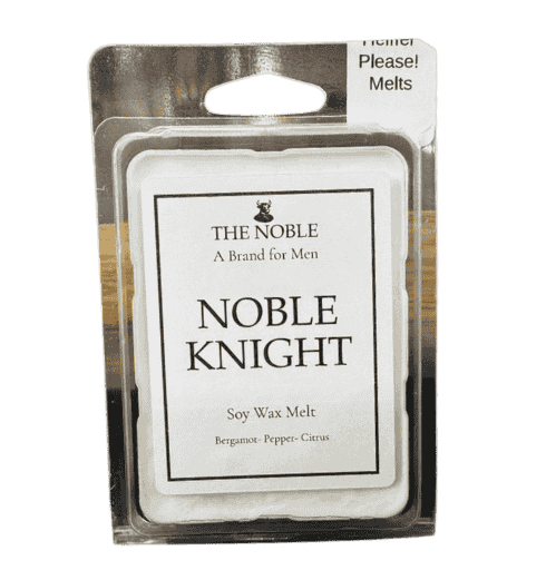 Noble Knight soy wax melts by The Noble in clamshell package featuring masculine fragrance notes bergamot, pepper, and citrus.