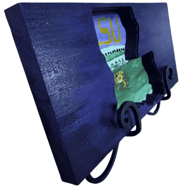 Handcrafted Louisiana state cutout wall art with LSU stadium painting on reclaimed wood.