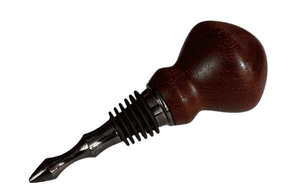 Padauk hand-turned bottle stopper by J. Baker Louisiana featuring rich reddish-orange hardwood and polished stainless steel stopper mechanism.
