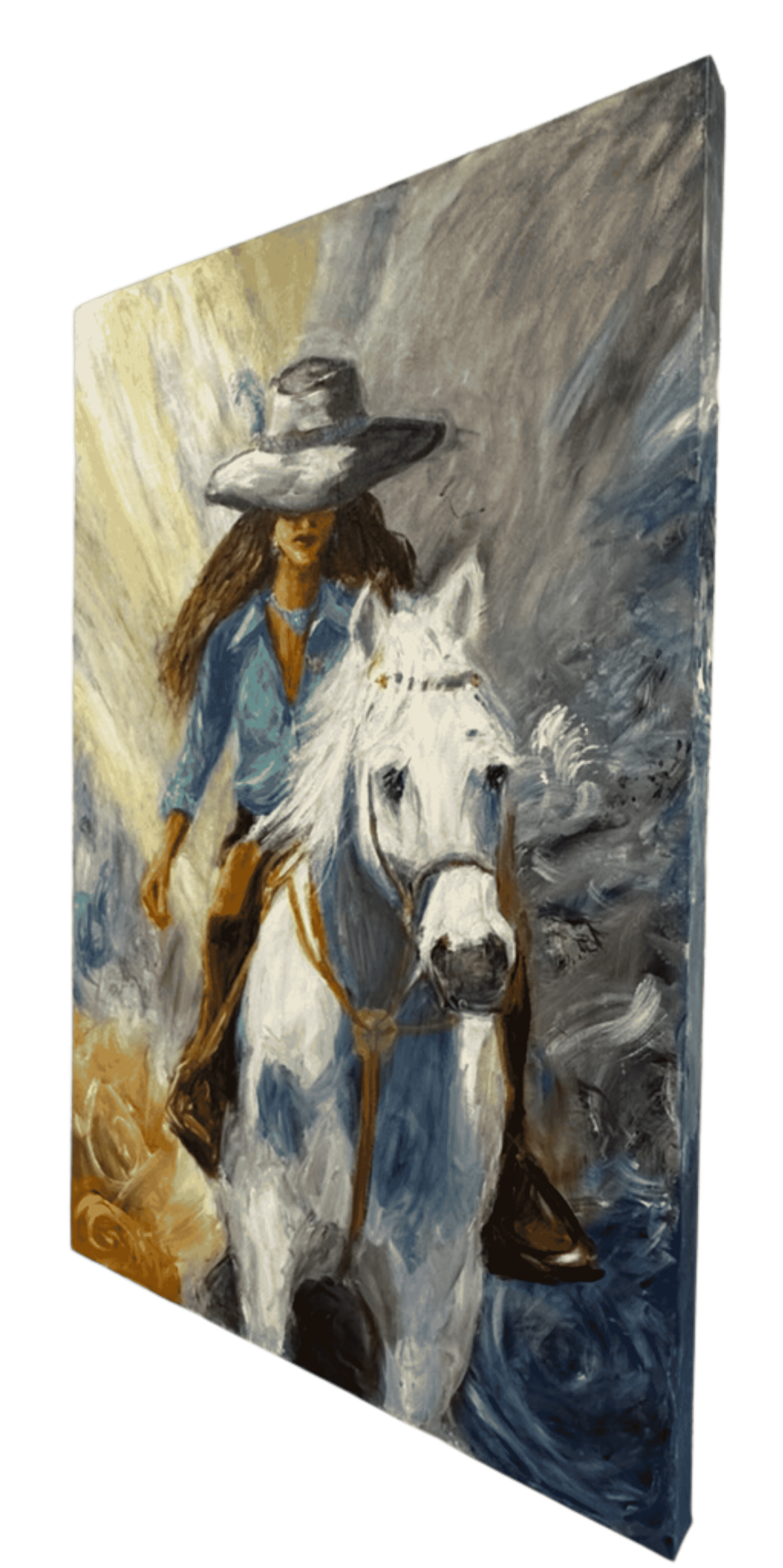 Abstract acrylic painting of woman riding white horse with expressive brushwork.