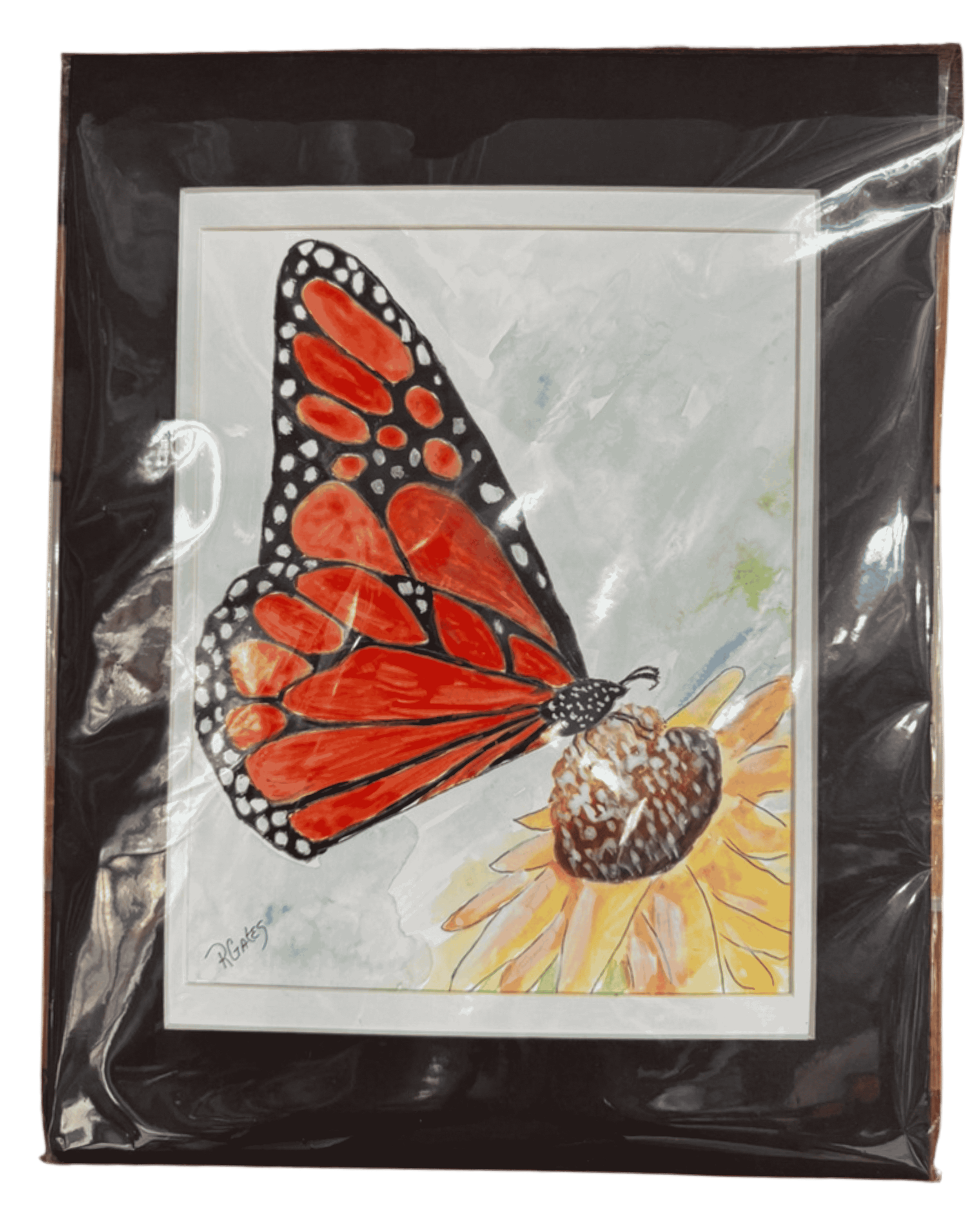 Original butterfly on sunflower watercolor painting by R. Gates featuring vibrant orange wings, floral details, and soft nature-inspired colors.