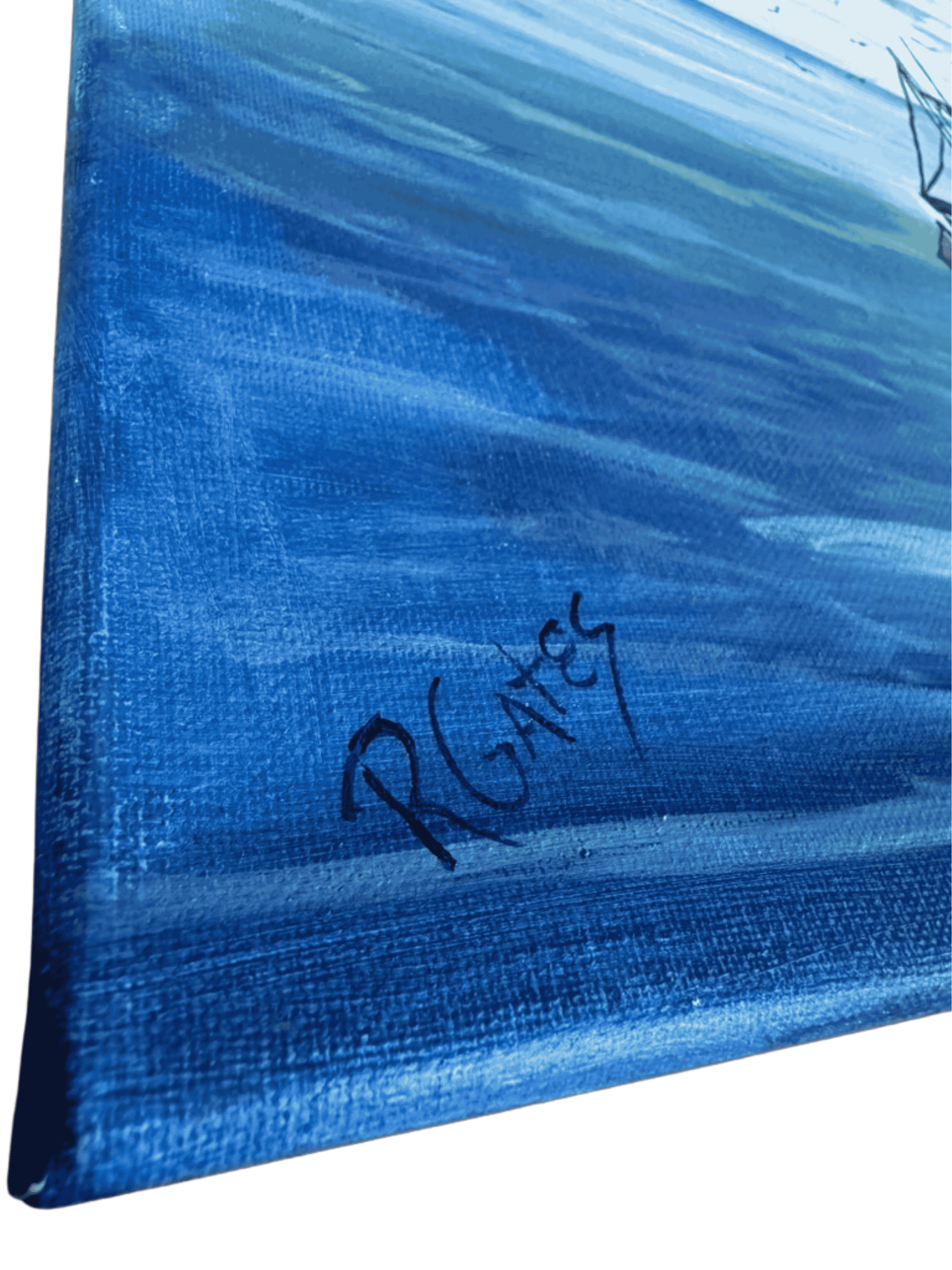 Close-up of artist signature on shrimp boat at sea original acrylic painting by R. Gates.