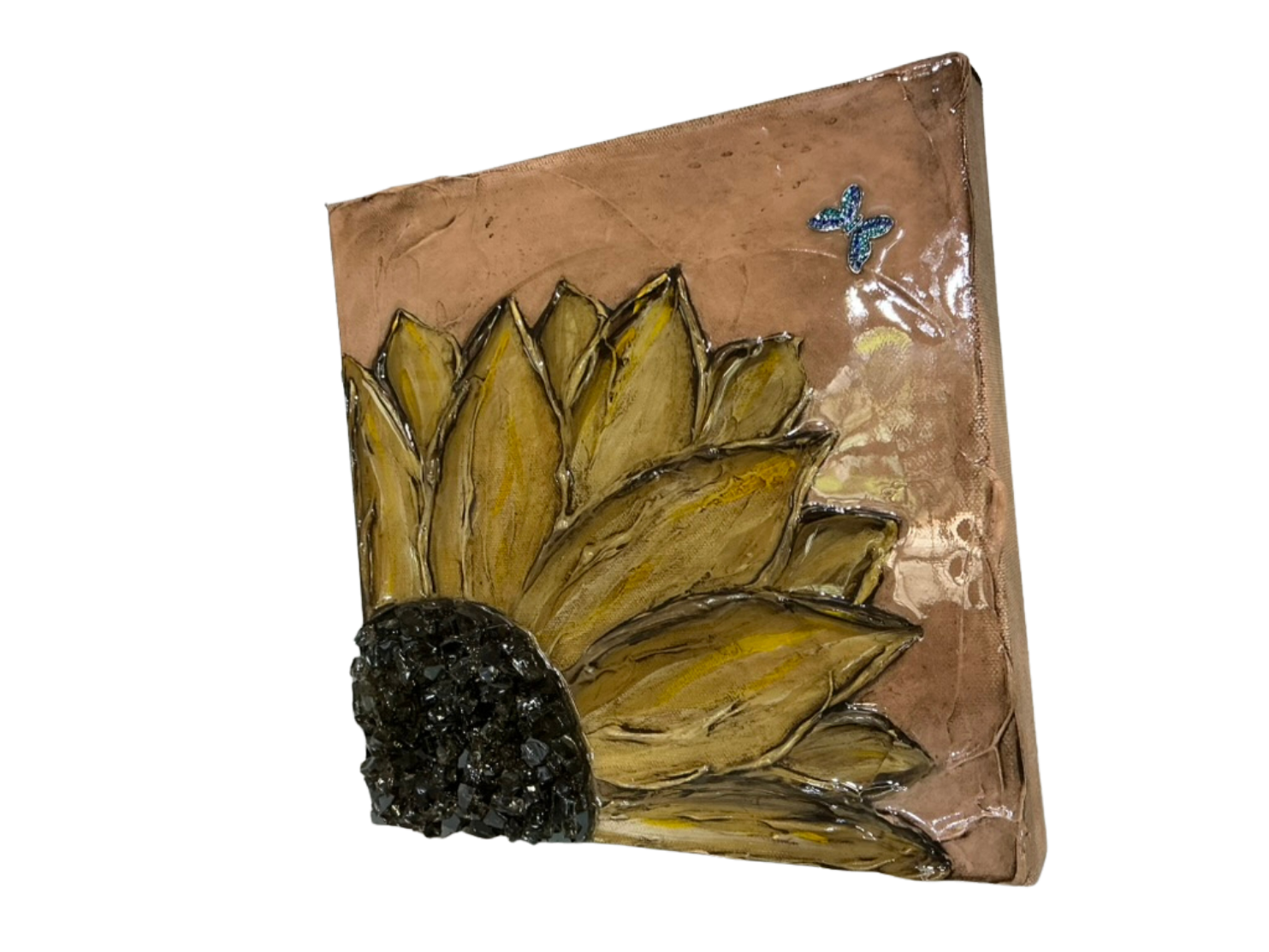Angled right-side view of mixed media sunflower artwork showing sculptural texture, layered golden petals, glossy finish, and crystalline black flower center.
