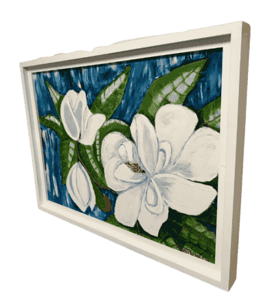 Original acrylic painting by South Louisiana artist Beverly LaFleur showing white magnolia blossoms and green leaves against a deep blue background.