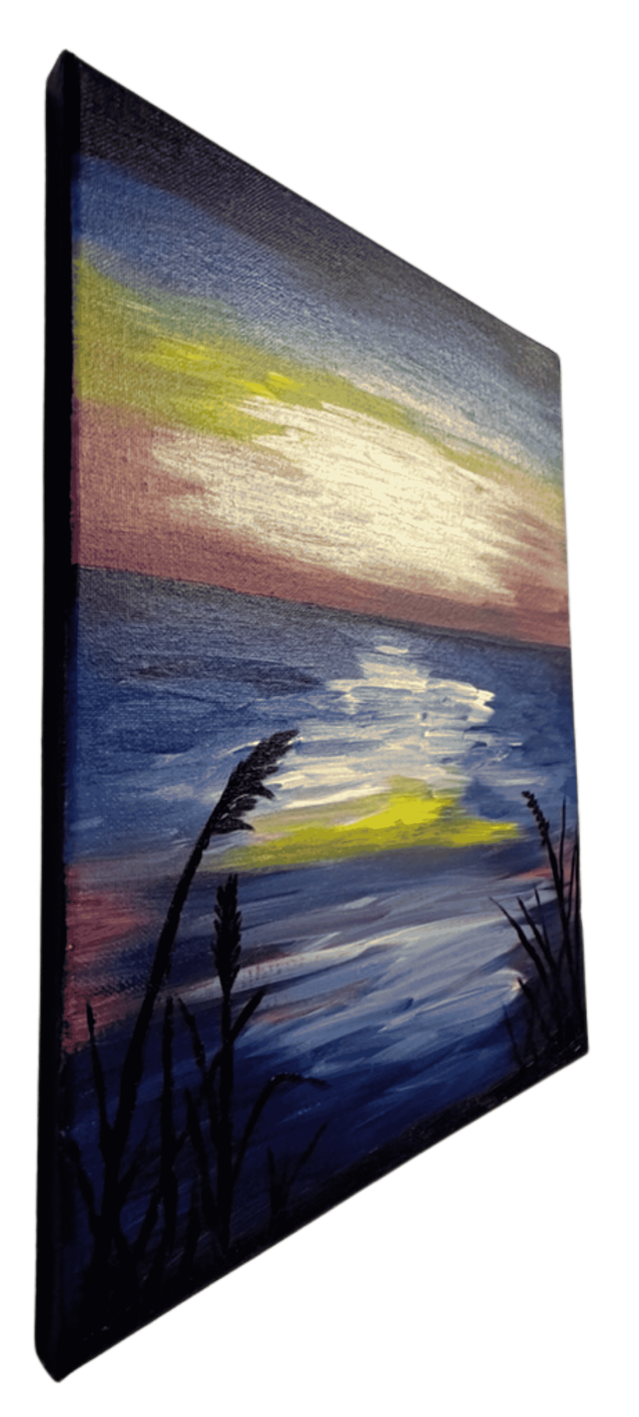 Original acrylic Louisiana sunset painting by P. Jacobi featuring colorful sky reflections over water with marsh grass and cattails.