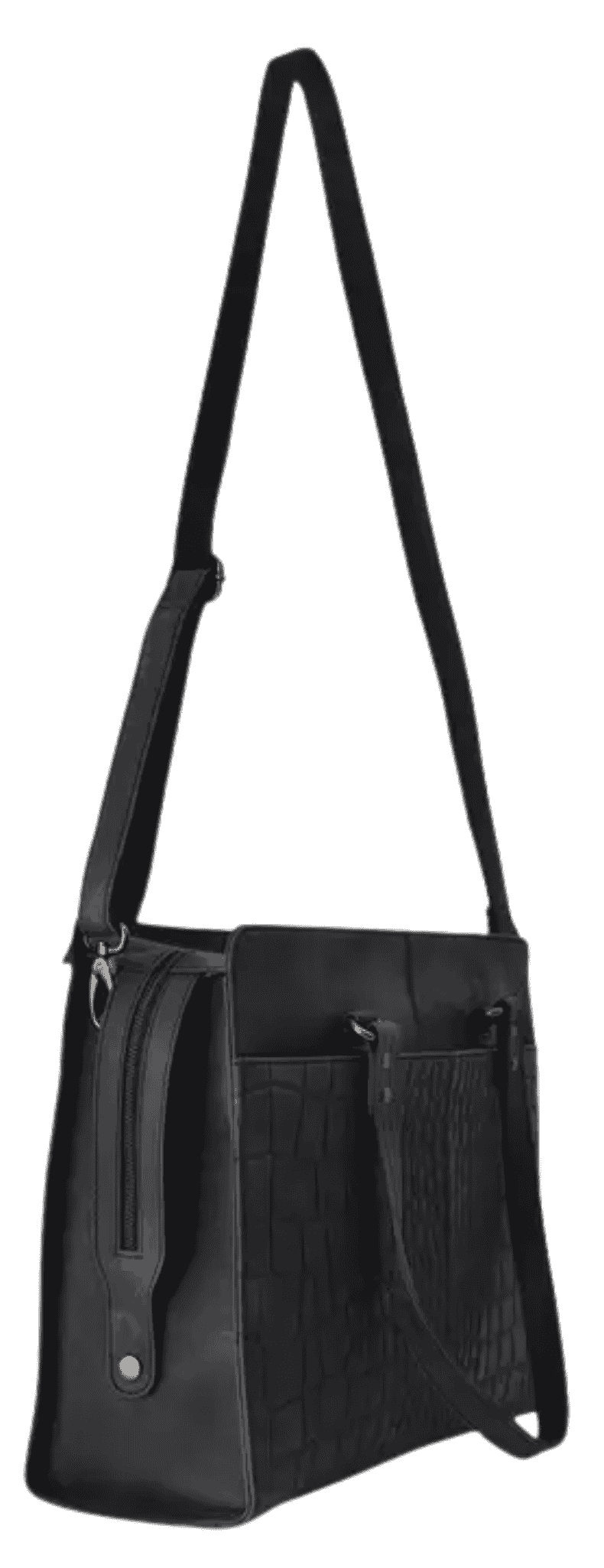 Close-up of shoulder strap and hardware on Arrigo black leather laptop tote bag.