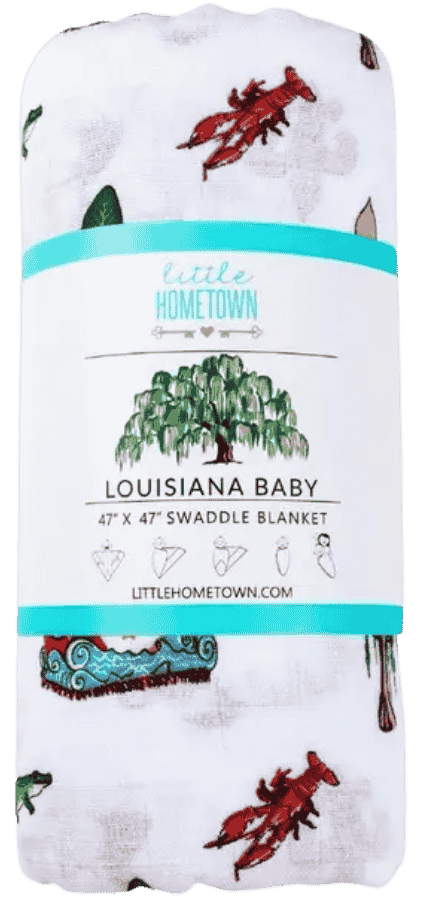 Little Hometown Louisiana Baby bamboo muslin swaddle blanket featuring magnolia, fleur-de-lis, and Louisiana themed baby icons.