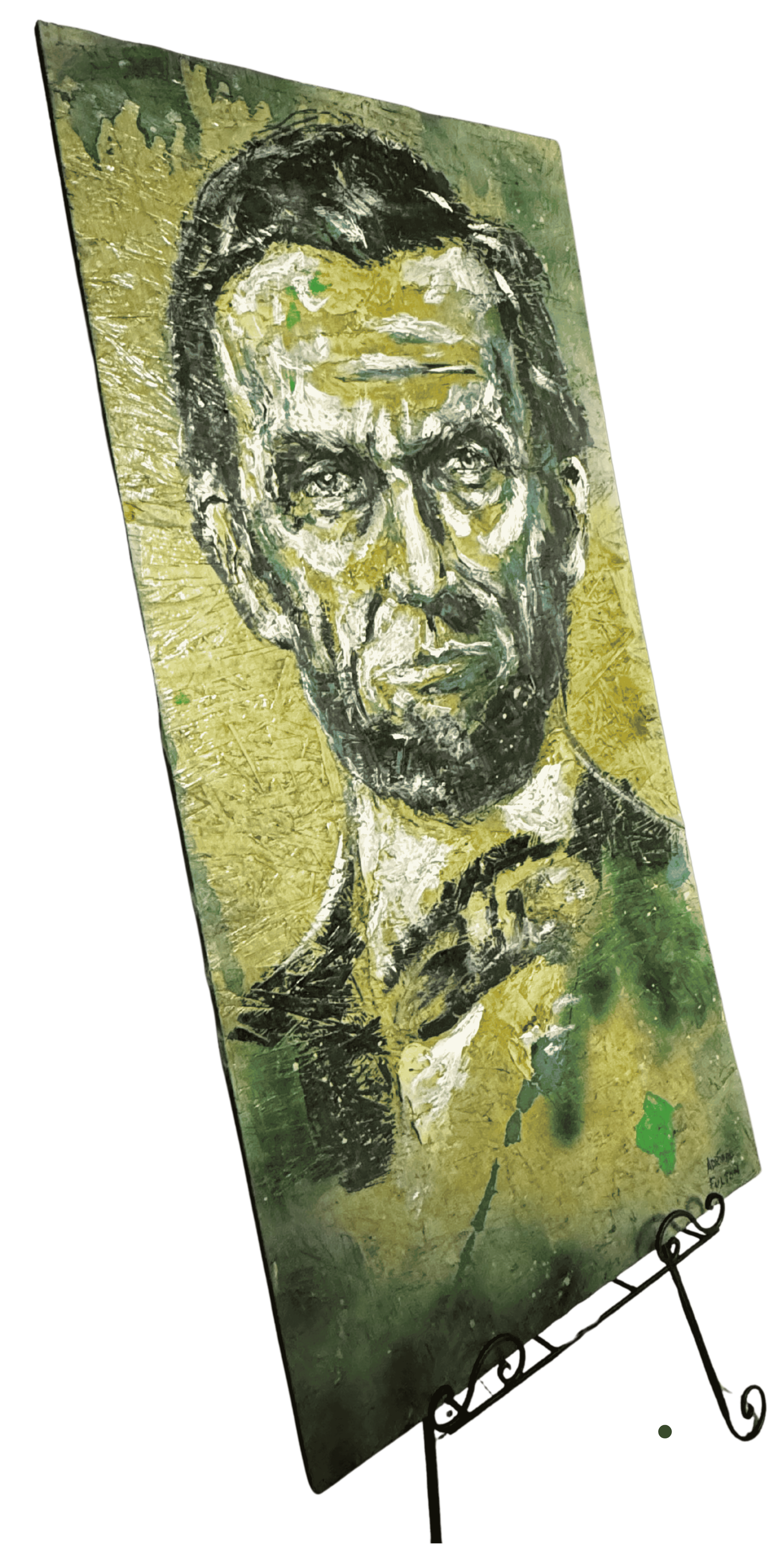 Original Abraham Lincoln wall art by Adrian Fulton displayed on easel, highlighting textured surfaces, dramatic contrast, and contemporary portrait styling.