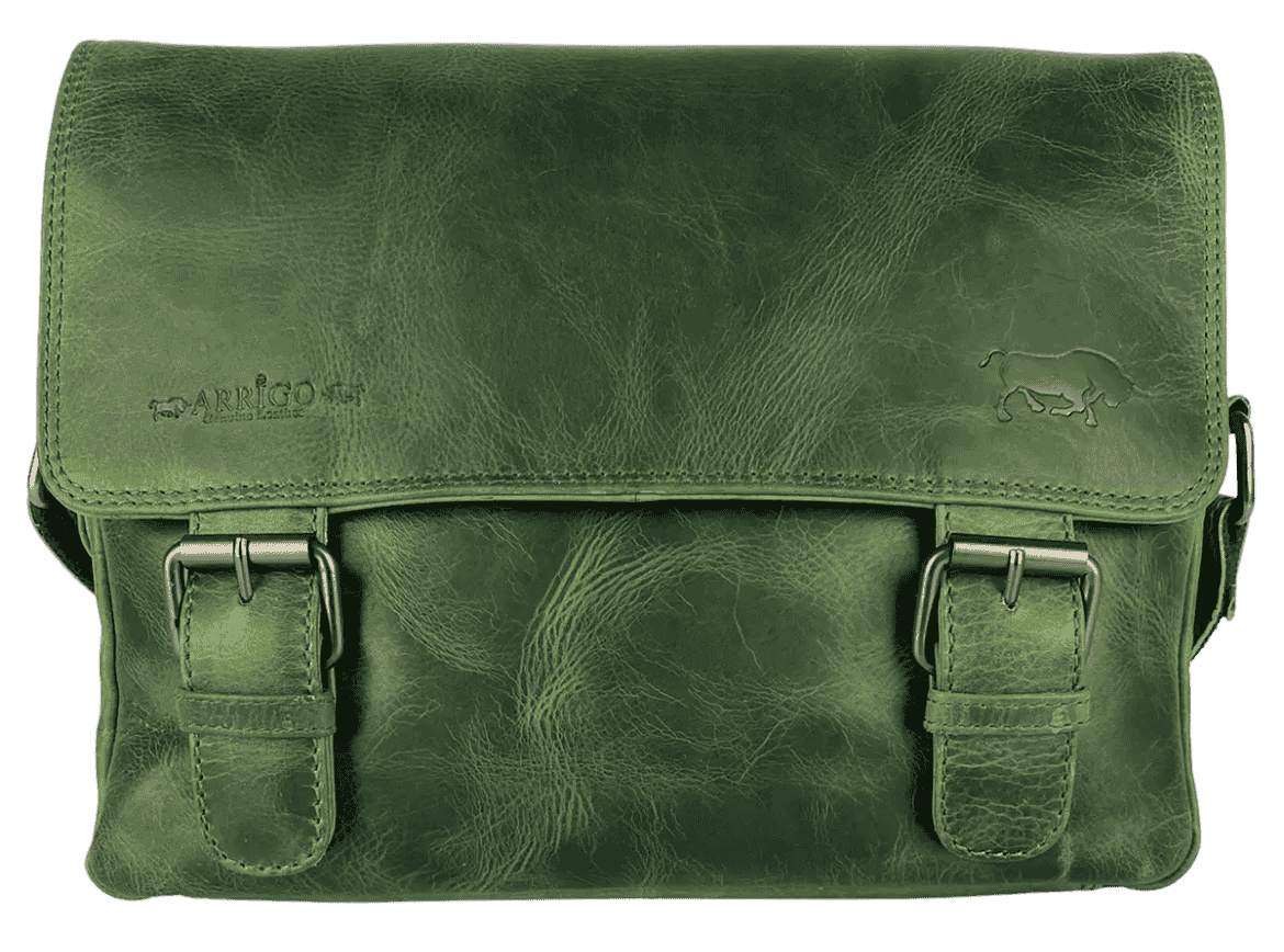 Close-up of Arrigo green leather messenger bag front showing buckle straps, flap closure, and textured full-grain leather.