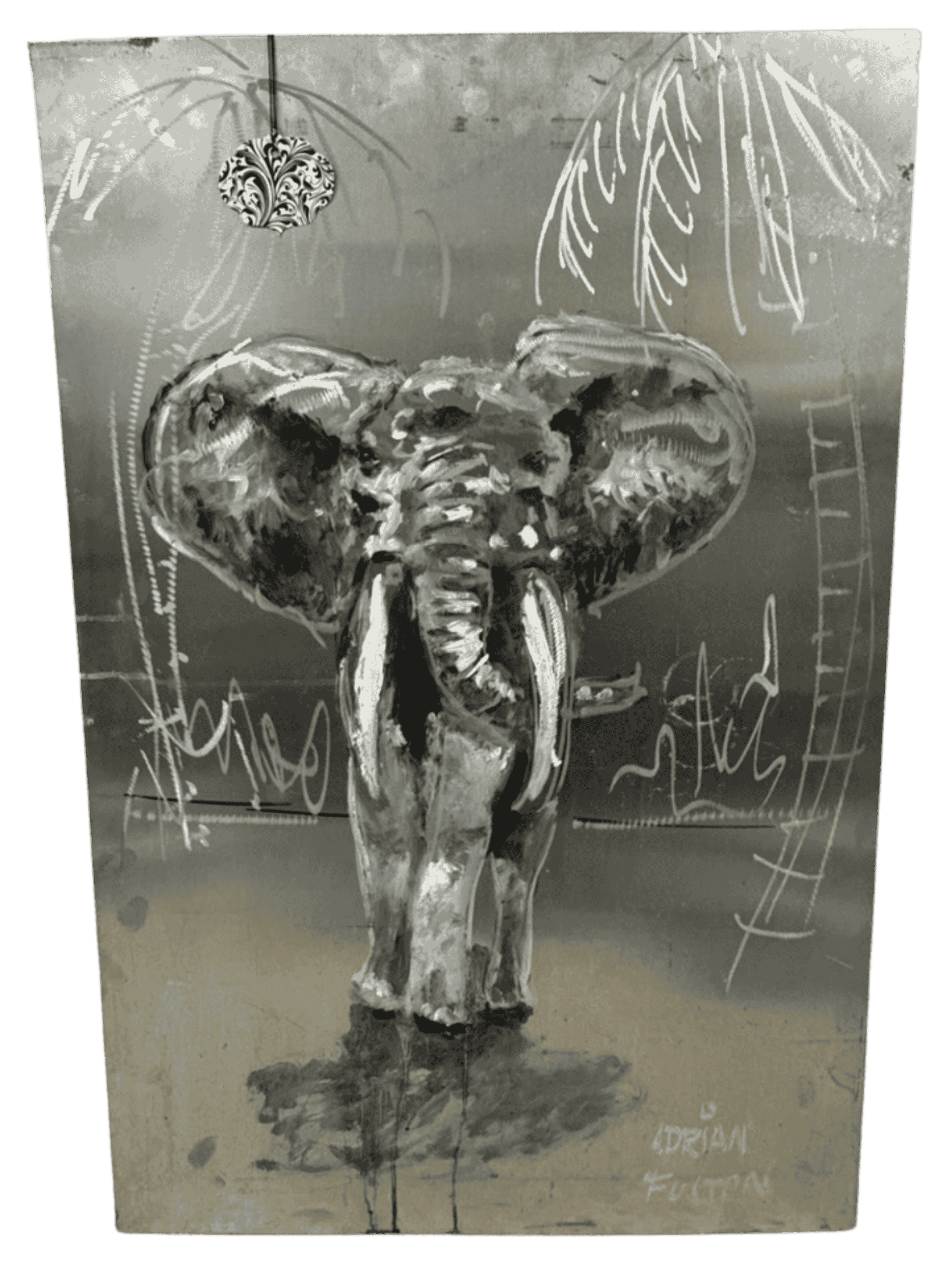 Hand-engraved elephant portrait on aluminum by Adrian Fulton featuring reflective metal surfaces, engraved details, and contemporary wildlife styling.