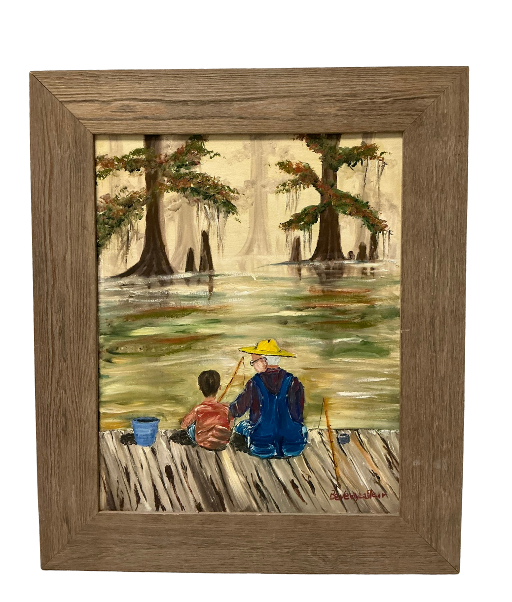 Framed original painting by Beverly LaFleur showing a grandfather and grandson fishing from a wooden dock in a Louisiana cypress swamp.