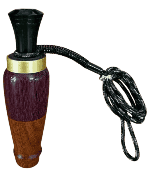 Purpleheart and Ebiara hand-turned double reed duck call by J. Baker Louisiana with brass band, black insert, and braided lanyard.
