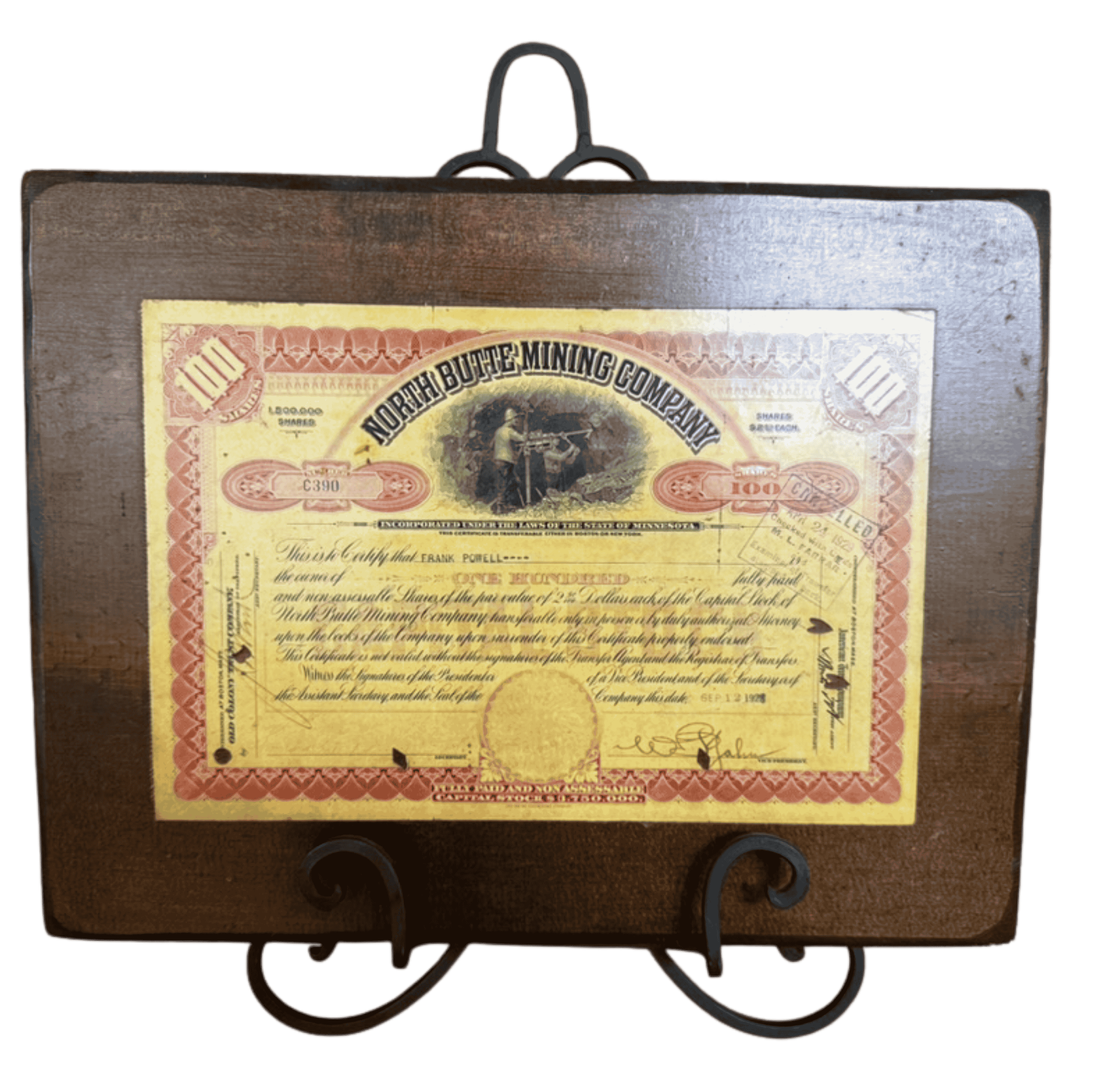 North Butte Mining Company Stock Certificate Plaque