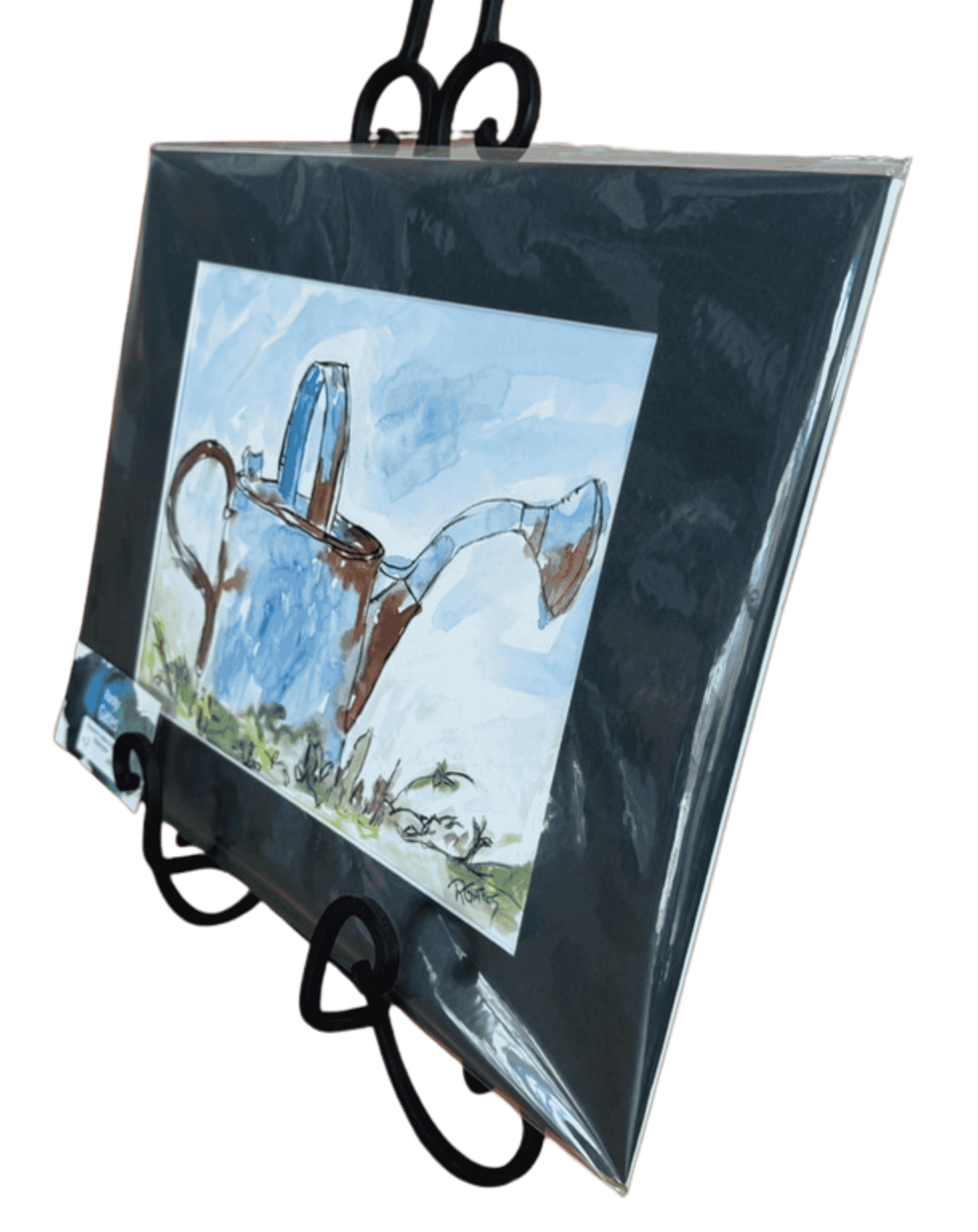 Side perspective of rustic watering can watercolor artwork by R. Gates displayed with mat.