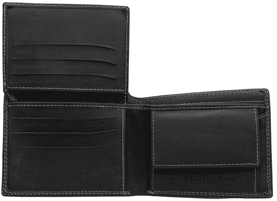 Interior of black Arrigo leather bifold wallet showing card slots and bill pocket.