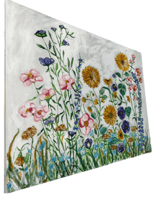 Original acrylic painting by South Louisiana artist Beverly LaFleur showing a colorful garden of wildflowers and blooming plants against a light background.